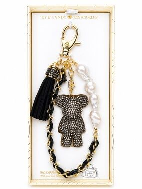 Eye Candy Gold, Pearl, Black Teddy Rhinestone Tassel Bag Charm